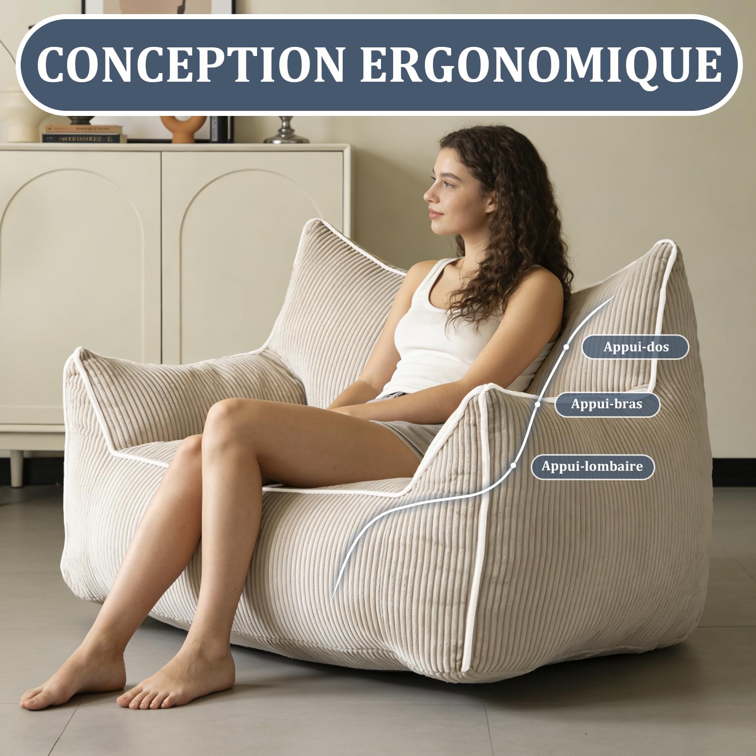 Pouf en Velours côtelé avec Dossier, Pouf pour Adulte avec Rembourrage, Grand Pouf en Fourrure synthétique, Fauteuil Confortable avec Mousse Haute densité, Chambre, Salon, Beige