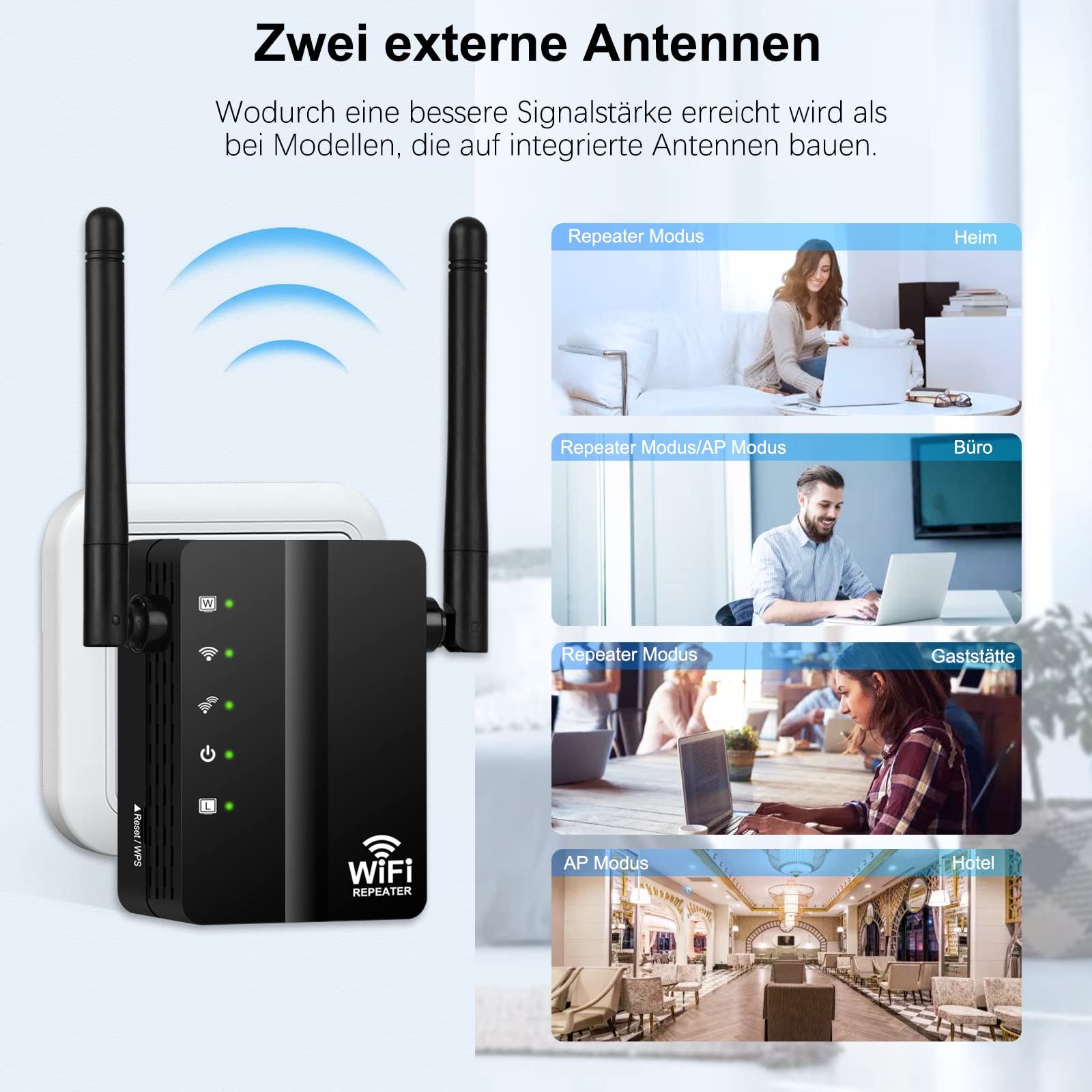 Amplificatore WLAN 300 Mbit/s, 2,4 GHz, ripetitore WiFi, porta Ethernet, WPS, modalità AP, LED spento, compatibile con tutti i dispositivi WLAN