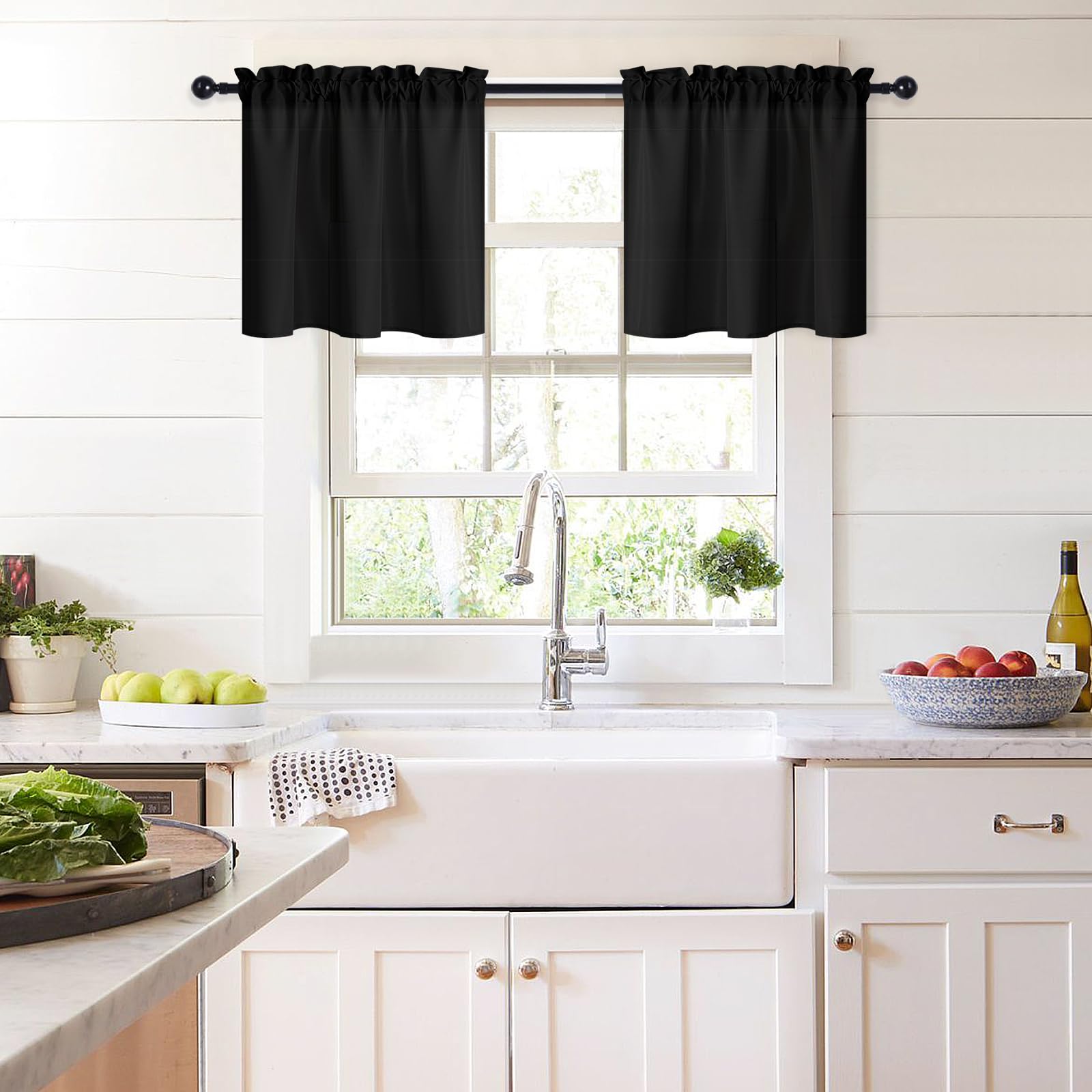 XWZO 30 Inch Long Tier Curtains 2 Panels - Semi-Sheer Small Window Curtains for Kitchen Farmhouse Style Boho Short Half Window Curtain for Bathroom, Rod Pocket, W42 x L30 Inch Length, Black