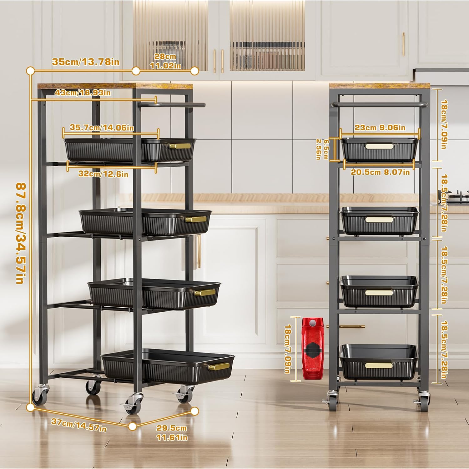 Vivihomety 5-Tier Rolling Utility Cart with Wheels, Kitchen Storage Cart with Wooden Top & Pull-Out Mesh Baskets, Large Capacity Organizer for Kitchen, Bathroom, Laundry Room Black
