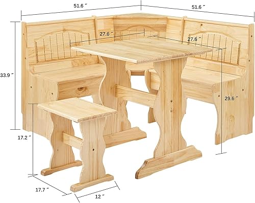 Miniatura 6 de MUSEHOMEINC Juego de mesa de comedor de madera maciza de 3 piezas de estilo tradicional con banco juego de mesa de almacenamiento oculto para