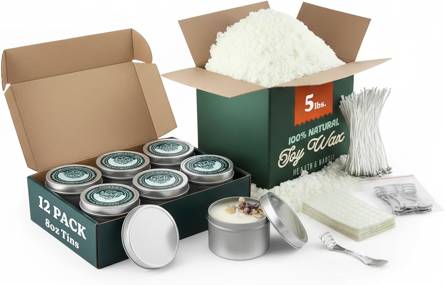 Hearth & Harbor 5 lbs. Soy Candle Wax with Supplies, 8 oz. 12 Pack Tin Jars with Lids, Cotton Candle Wicks, Wick Stickers and Centering Devices - Soy Wax Flakes with Containers for Candle Making