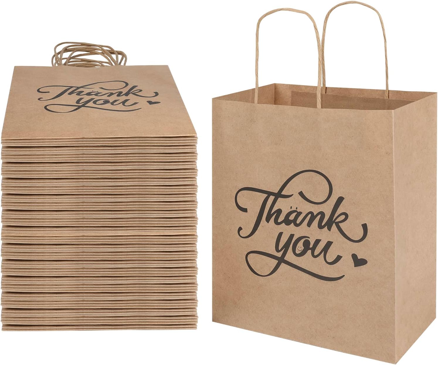 bagmad 100 Pack 8×4.75×10 Inch Medium Brown Paper Gift Bags with Handles Bulk, Thank You Kraft Paper Bags for Party Favors Grocery Retail Shopping Wedding Craft Sacks (Plain Natural, 100pcs Count)