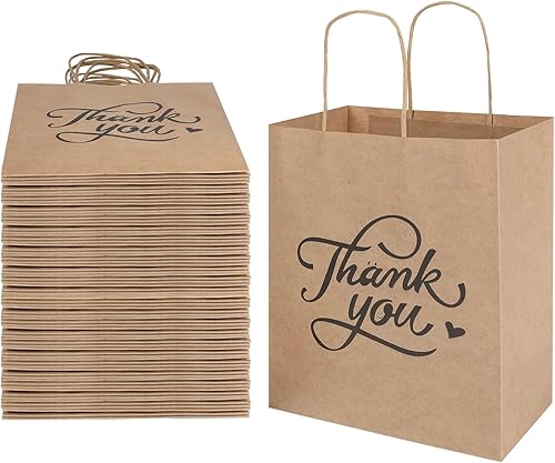 bagmad Paquete de 100 bolsas de regalo de papel marrón medio de 8 x 4.75 x 10 pulgadas con asas a granel, bolsas de papel kraft de agradecimiento