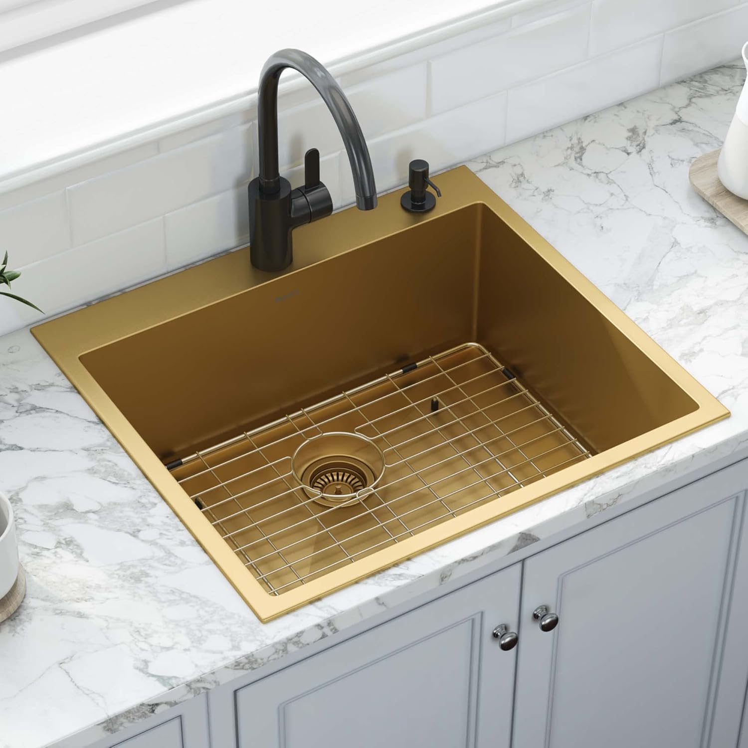Ruvati 25 inch ROUNDED CORNERS Polished Brass Matte Gold Drop-in 16 GAUGE STAINLESS STEEL Kitchen Sink - Topmount Kitchen Sink Single Bowl with Brushed Finish hides scratches - RVH5007GG