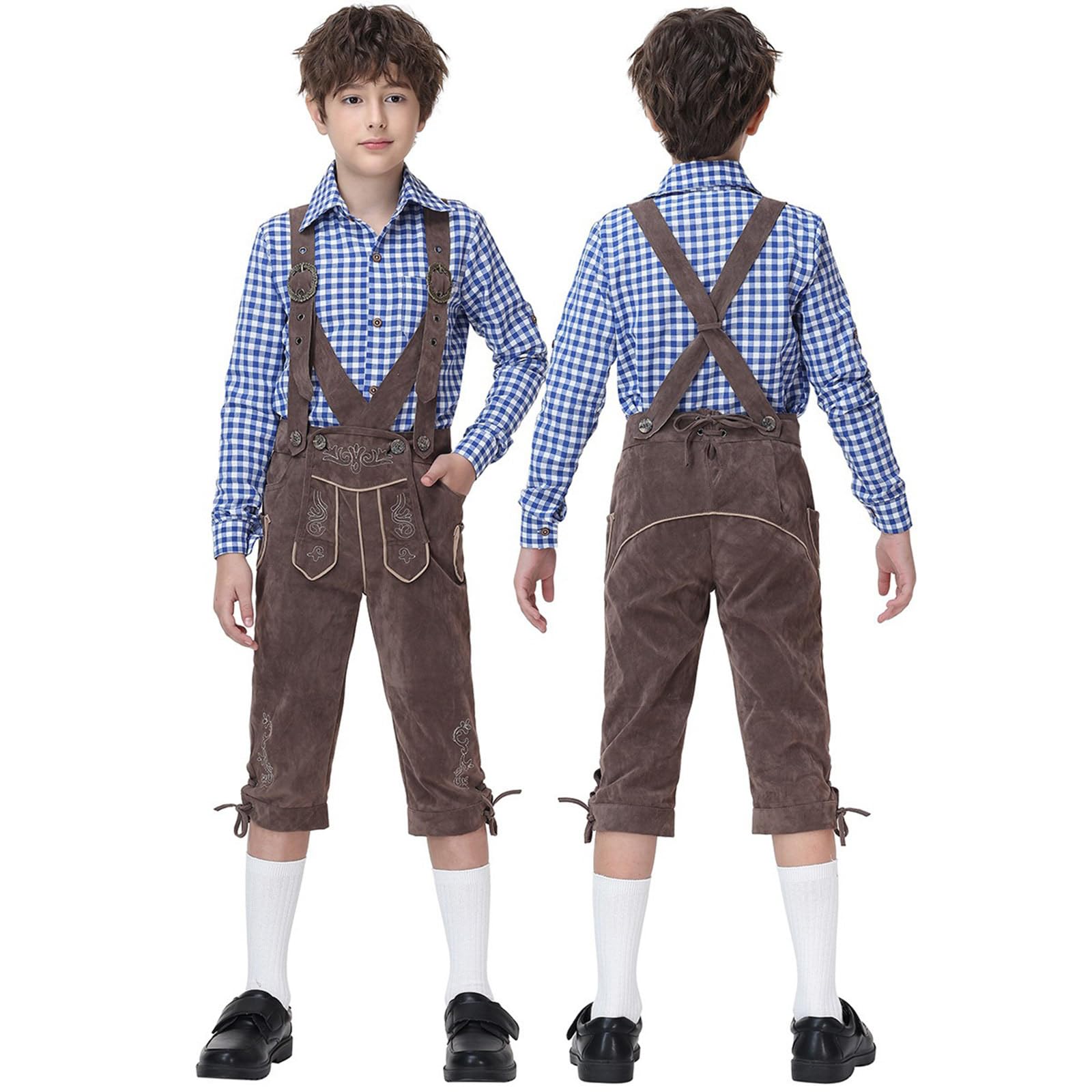 Trachten Lederhose Kinder Kniebund Trachtenhose mit Hosenträger Bestickt Kinderlederhose Lederhosen für Oktoberfest Wiesn und weitere Feierlichkeiten Bayrische Tracht Trachtenlederhosen