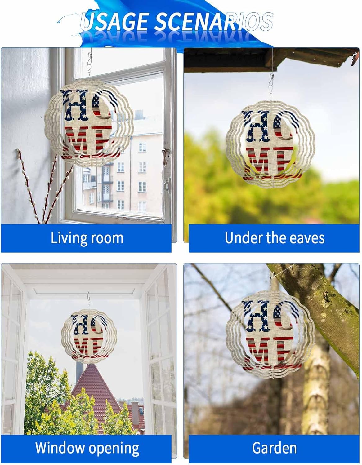 Independence Day U.S. Flag Wind Spinner for Garden Yard 3D Stainless Steel Hanging Wind Spinners, Home Words on Retro Linen Spinners Outdoor Metal Decor for Lawn Patio Home