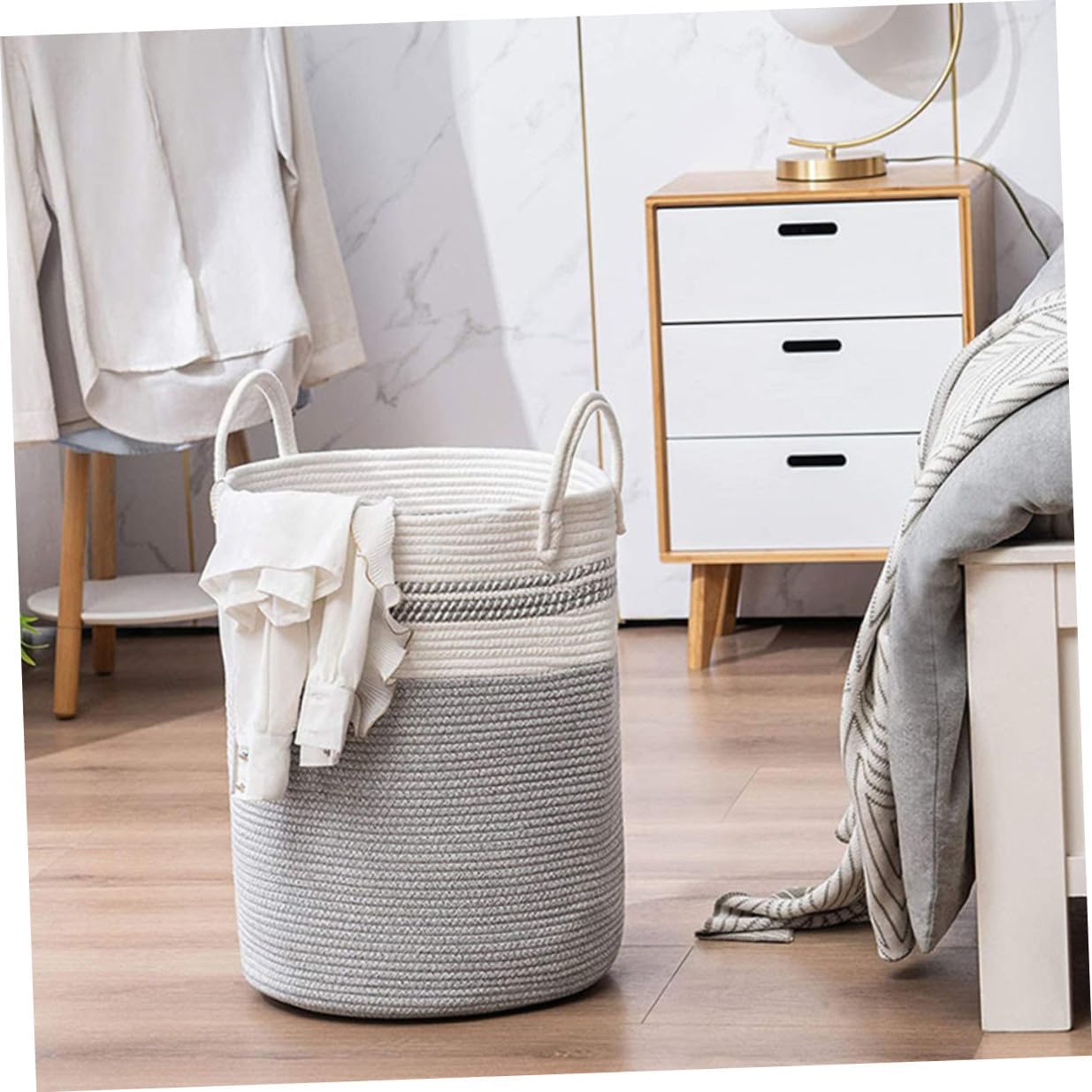 Woven Cotton Rope Laundry Basket White Gray 38x50cm Foldable Storage Hamper for Dirty Clothes Nursery and Home Organization