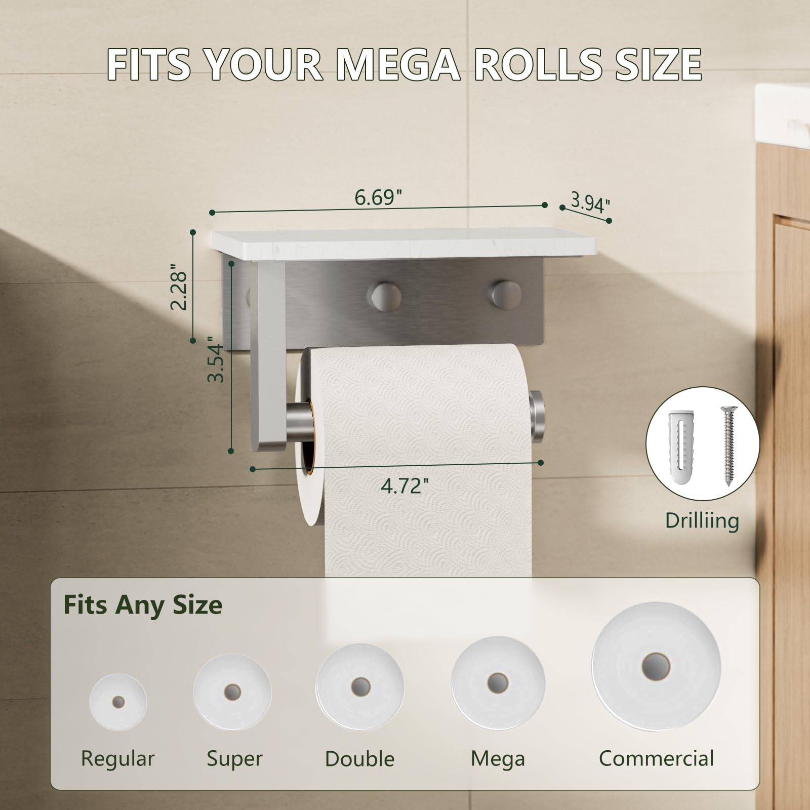 Brushed Nickel Marble Toilet Paper Holder with Shelf Wall Mount — Amazon image 5