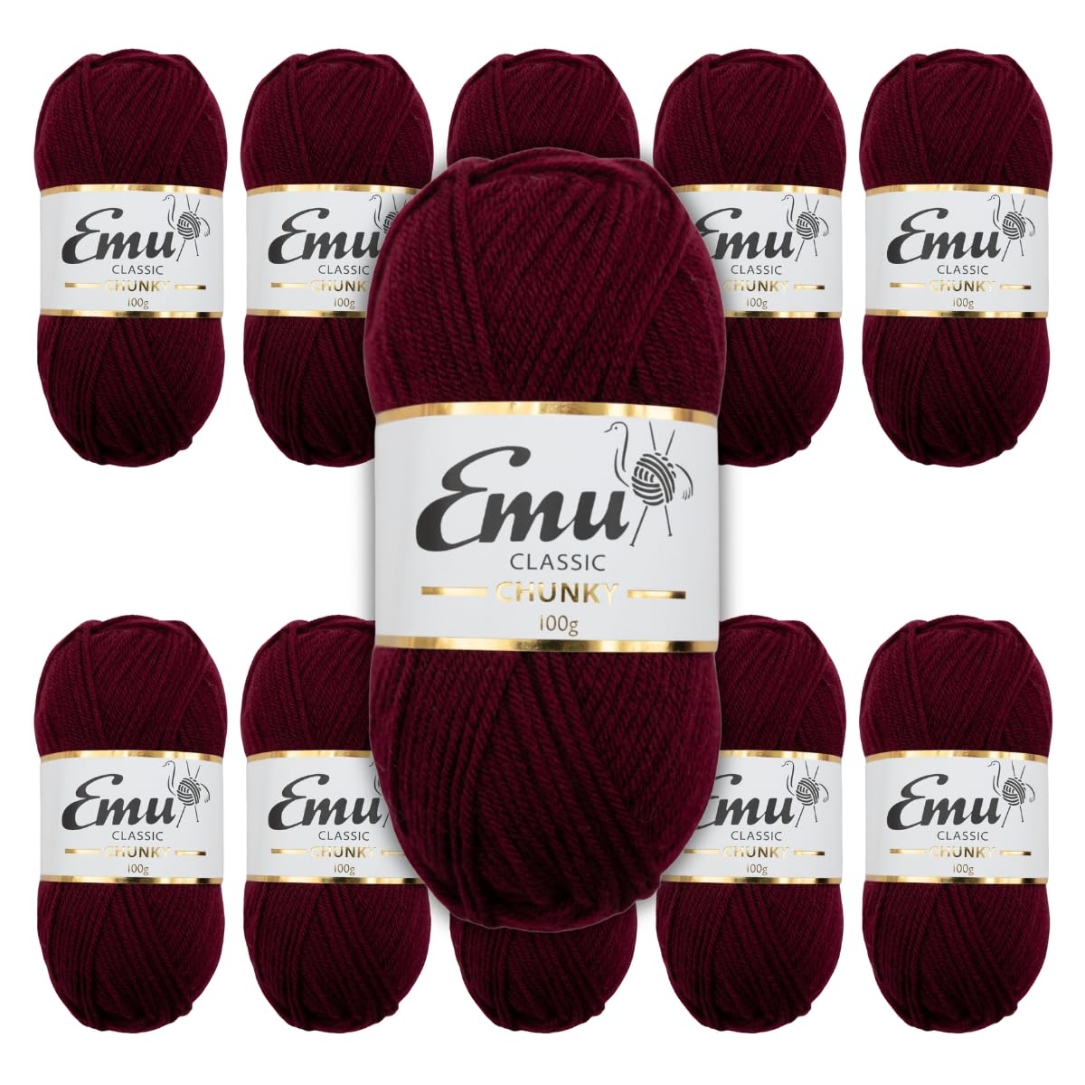 Emu Classic Chunky Acrylic Yarn 100g Balls 164m, Pack of 10, Wine - 161