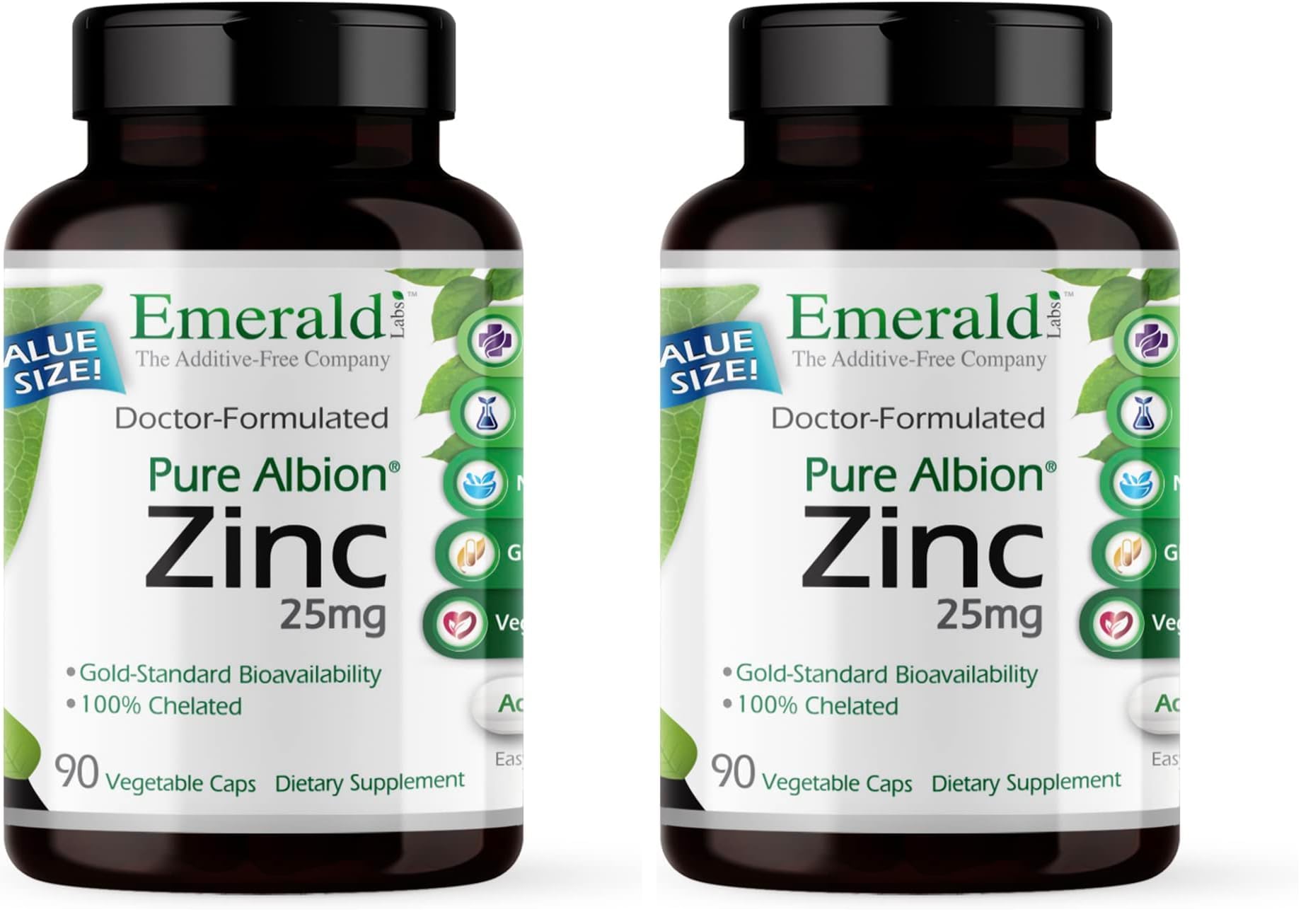 Emerald Labs Zinc 25mg - Immune Support, Digestive Health, Oxidative Stress Support - Made with Zinc Bisglycinate - Vegan & Gluten-Free - 90 Vegetable Capsules (Pack of 2) 90 Count (Pack of 2)