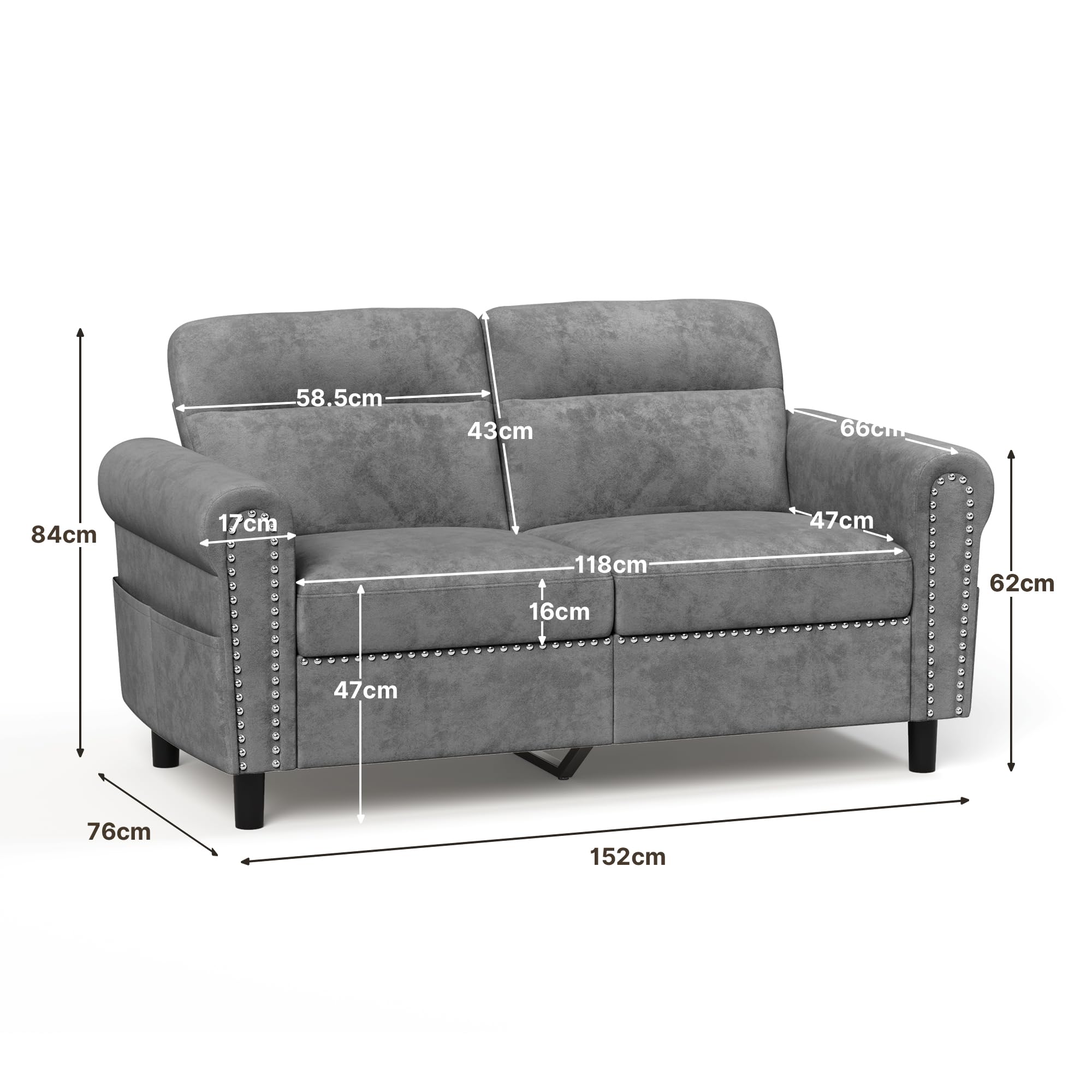 2-Sitzer Sofa mit Seitentasche, Kleine Couch, Modernes Polstersofa mit Nietendekor & abnehmbaren Kissen, Loveseat für Wohnzimmer, Büro & kleine Räume, 152x76x84 cm (Dunkelgrau)