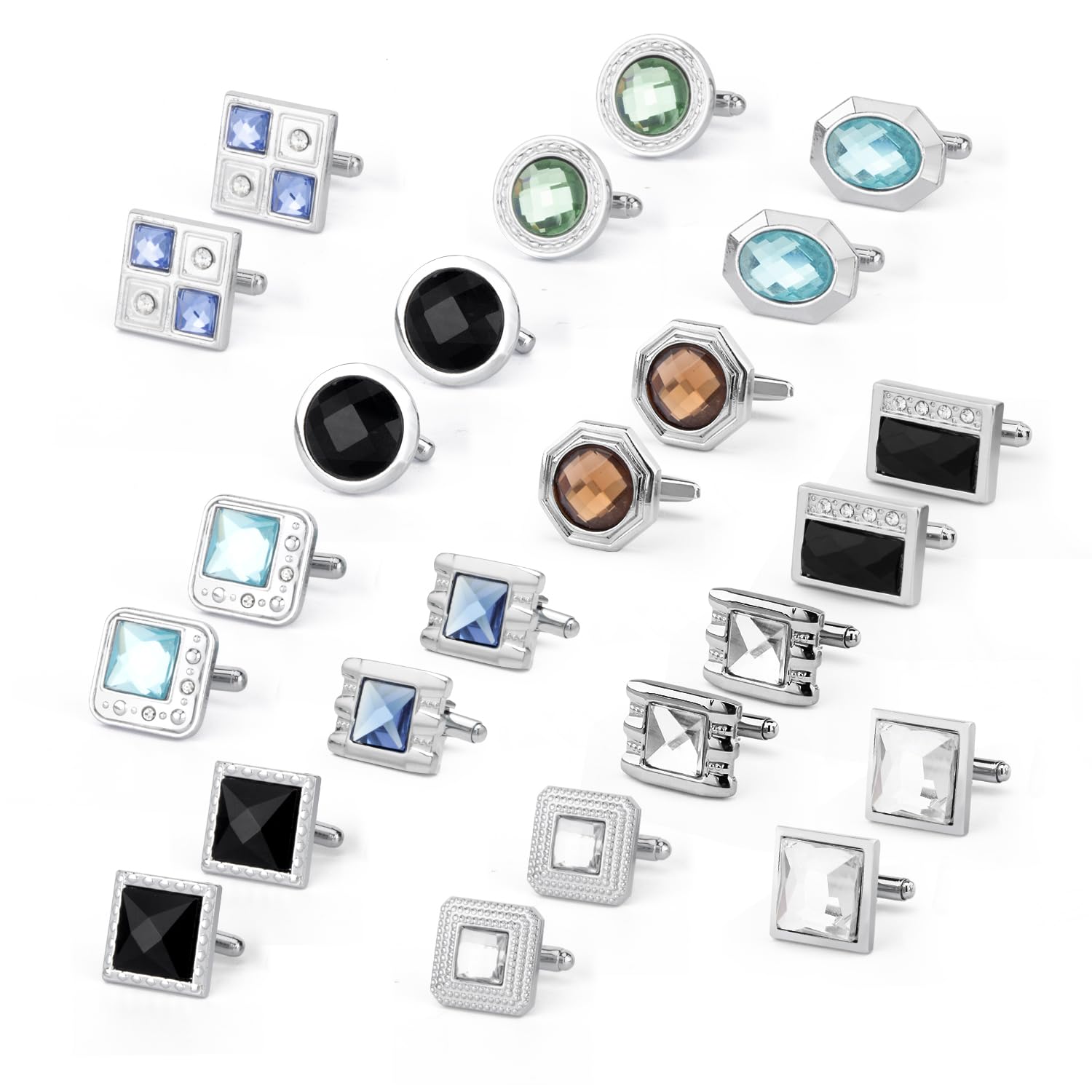 Fashion Cufflinks for Men Crystal Vintage Cufflinks Colorful Variety Designs with Gift Box 12 pairs