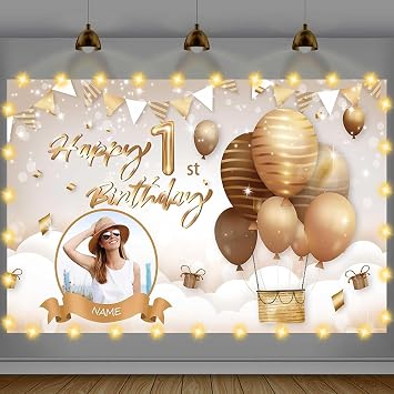 Custom Beige Happy Birthday Banner Backdrop Large Happy Birthday Hot Air Balloon Backgroud Party Indoor Outdoor Car Decoration Supplies for Girl Women 4x6ft