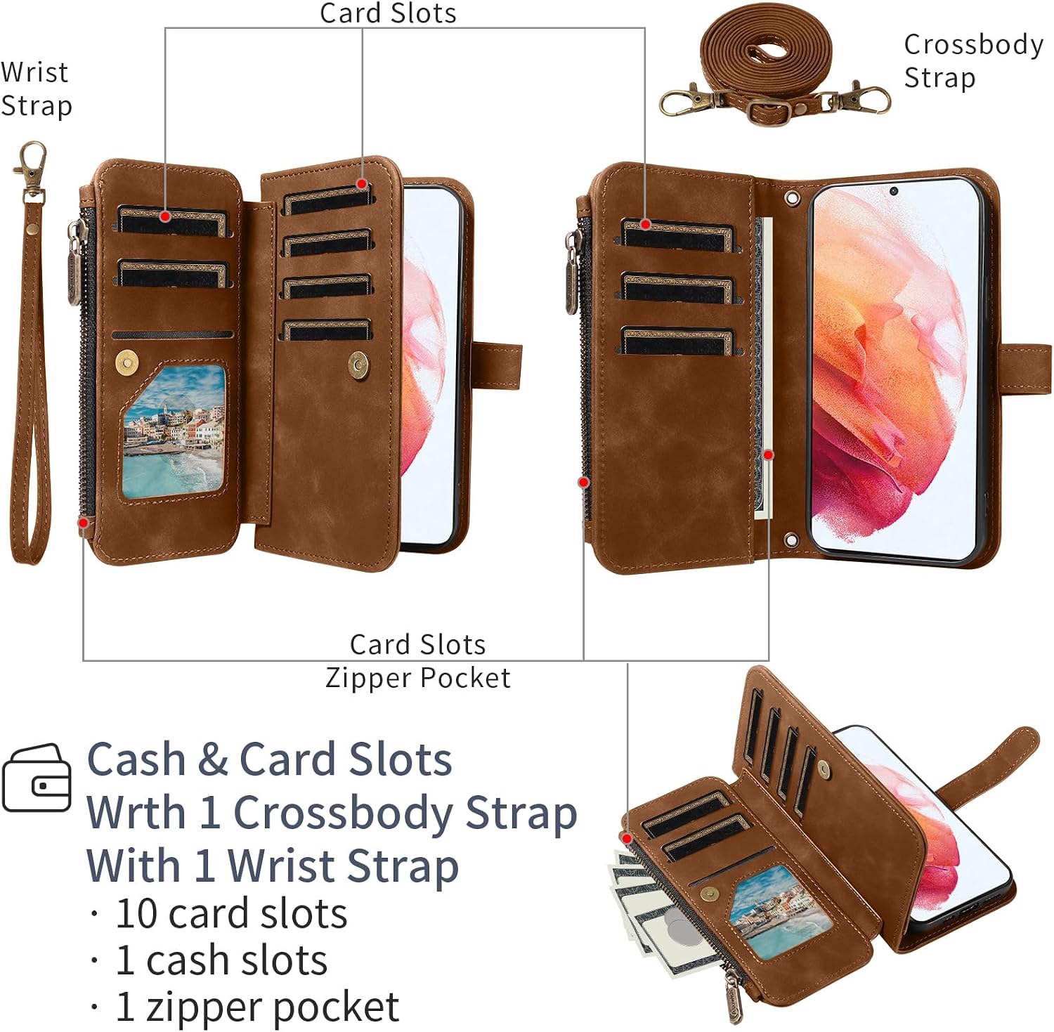 Asuwish Phone Case for Samsung Galaxy S21 5G 6.2 inch Zipper Wallet Cell Cover with Tempered Glass Screen Protector Crossbody Wrist Strap Flip Credit Card Holder Purse Slot S 21 21S G5 Women Men Brown