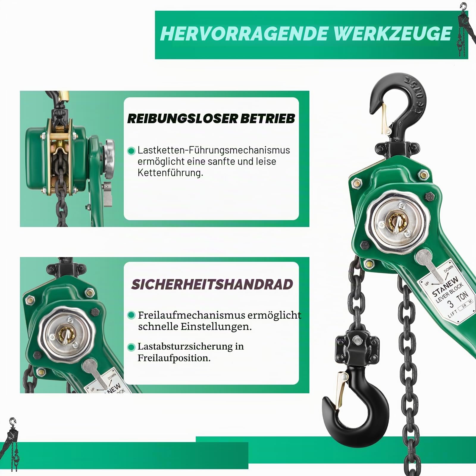 STANEW Hebelzug Kettenzug 3t, Hubhöhe bis 2,8m, Kette aus robustem Carbonstahl G80, mit 360° drehbarer Haken