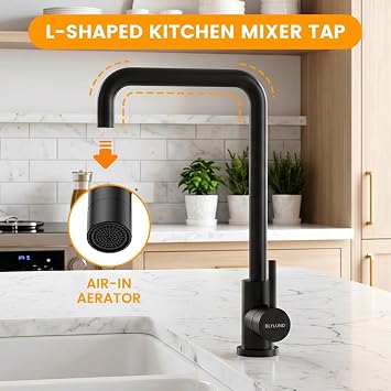 Black Kitchen Mixer Tap, Stainless Steel Kitchen Tap with Pull Out Spray 360°Swivel Single Handle Sink Taps 1 Hole with Rectangle L-Shaped Kitchen Faucet