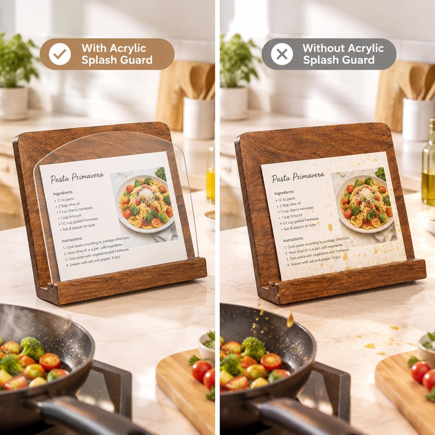 Mifoci Wooden Cookbook Stand with Acrylic Splash Guard, Recipe Book Holder
