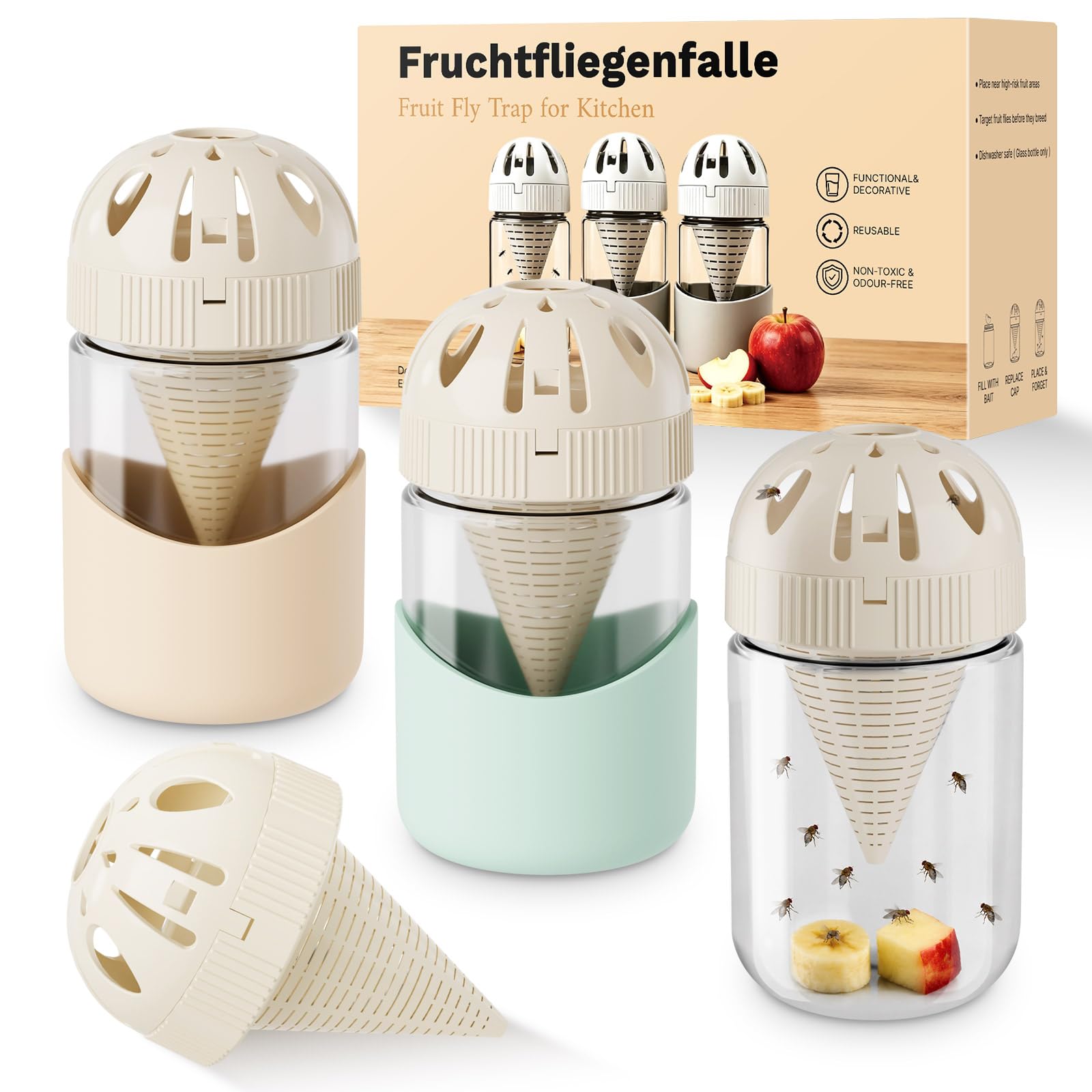 3 Pack Fruit Fly Trap, Decorative Reusable Fly Trap Indoor Flies Catcher, Highly Effective Glass Live Trap for Home Kitchen Use (Beige White lid+ Three Color Cover)