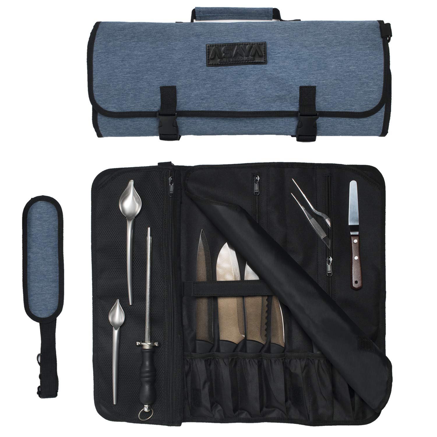 AsayaChef Knife Roll Bag - 20 Total Pockets for Knives and Kitchen Utensils - Made with Stain Resistant Waxed Nylon - For Chefs and Culinary Students - Knives Not Included(Blue)