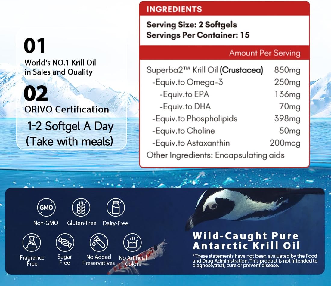 NYO3 Antarctic Krill Oil with 125mg Omega-3, 47% Phospholipids for Heart & Joint Health, Triglyceride Balance, Pure Oil GMP Certified Third Party Tested - 425mg 30 Softgels
