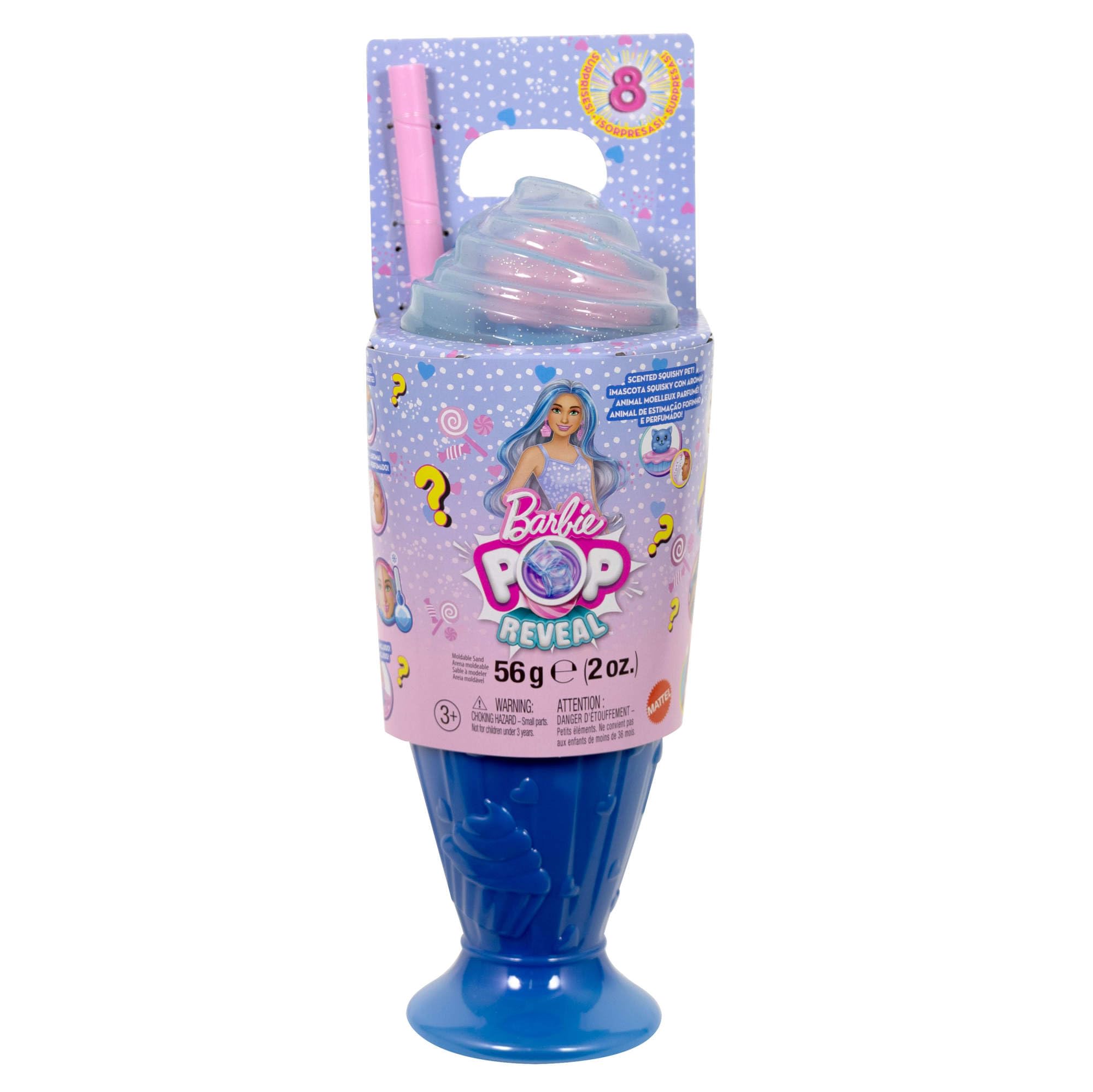 Barbie Pop Reveal Seria Stylowy deser Lalka modowa i figurka zwierzątka, 8 niespodzianek, w tym funkcja zmiany koloru na twarzy lalki, zabawka dla dzieci 3+, JFY61