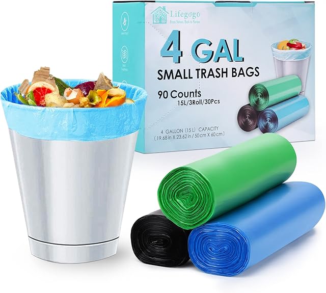 15-20L Waste Bin Liners, Strong Unscented Bin Bags, small Trash bags for Household, Office, Kitchen, Colorful (90 Count)