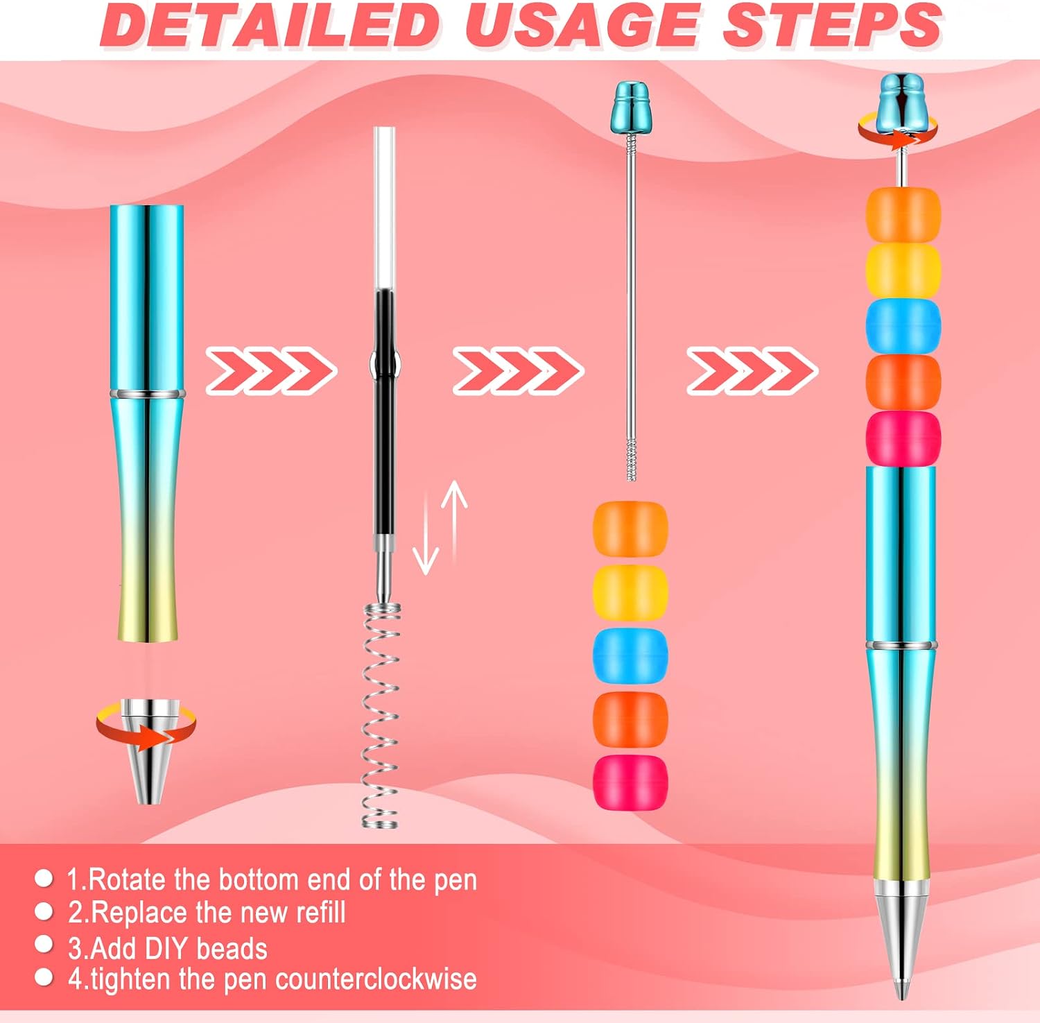 Crtiin 100 Pieces DIY Beadable Pen Bulk Kit 50 Bead Ballpoint Shaft Black Ink Beaded Pens with 50 Refills, School Supplies, Office Accessories, Decorative Items for Students Teachers(Multicolor)