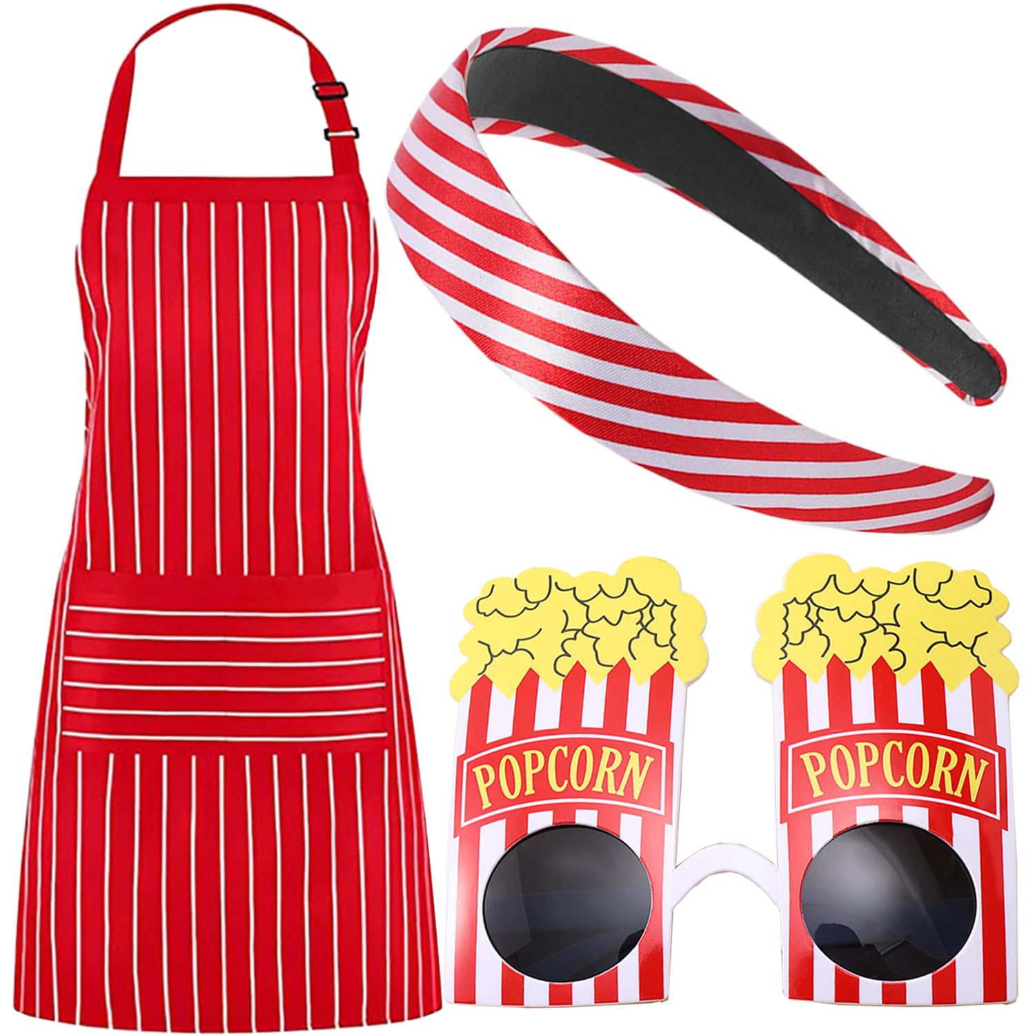 XINDY Popcorn Kostüm, Rot Weiss Karneval Kostüm Damen Haarreif Rot Weiß Schürze Popcorn Brille für Faschingskostüme Damen Karneval Mottoparty Cosplay