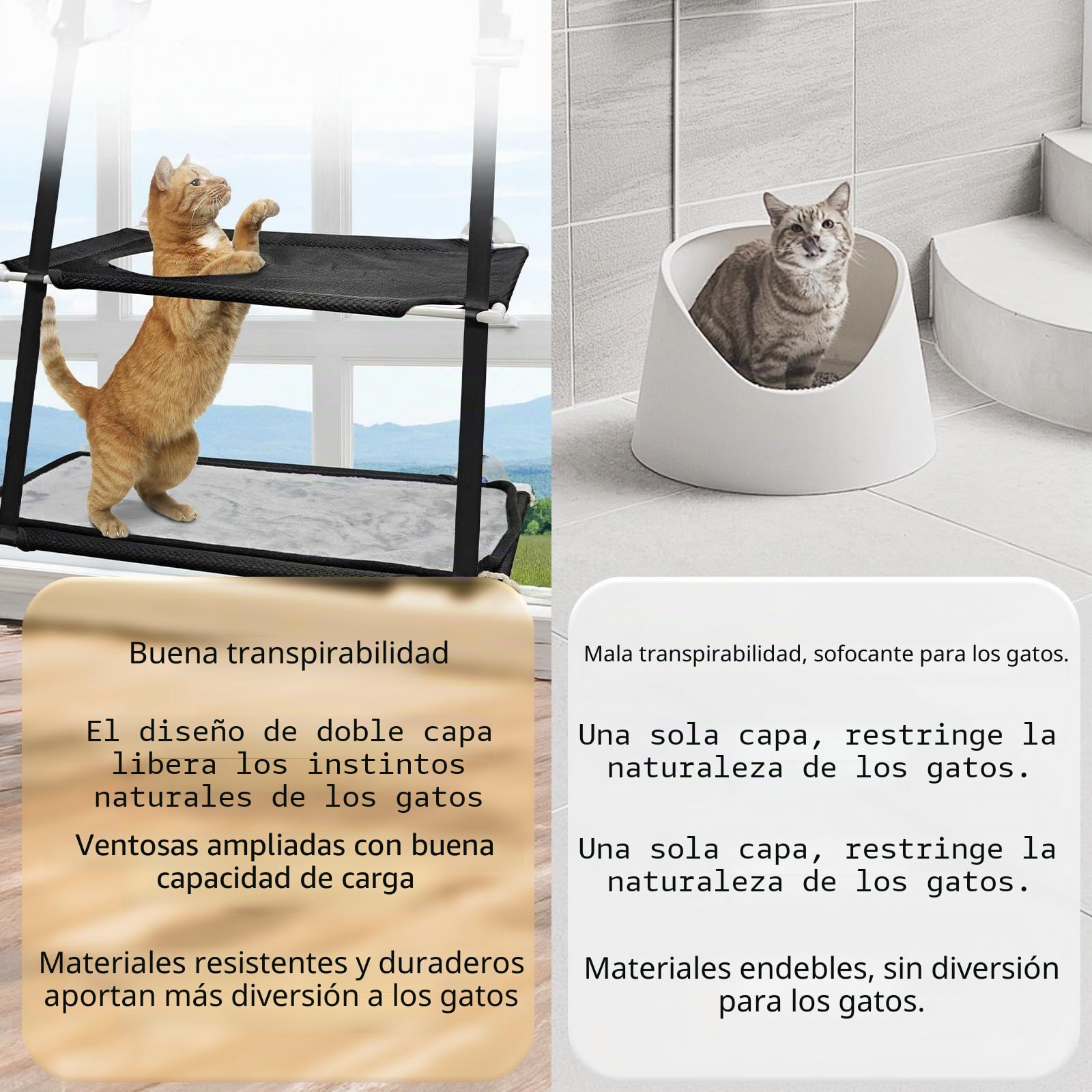 Doble Hamaca para Ventana de Gato,Asiento Soleado de Gatito con Fuerte Ventosa,Cama Colgante para Gatos,Soportar hasta 25kg,para Tomar la Siesta y Tomar el Sol