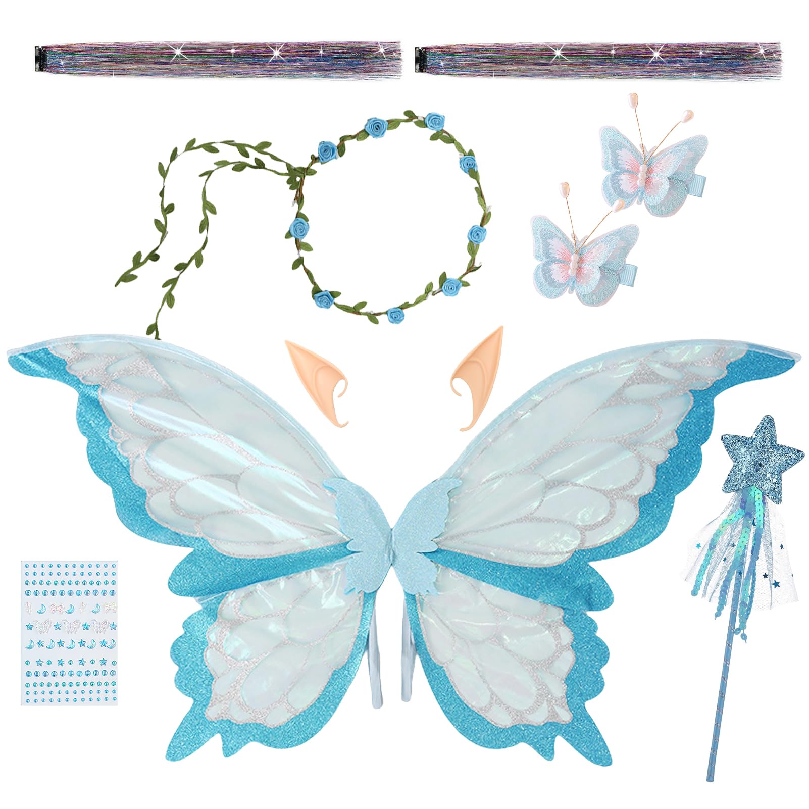 Snycler Fairy Wings for Adults and Girls, Fairy Costume Set with Floral Garland, Hair Tinsel, Wand & Elf Ears Butterfly Wings