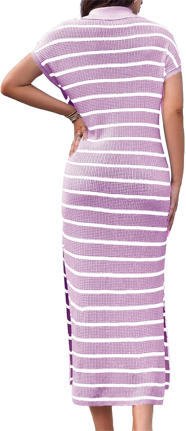 Womens Casual Maxi Dress Summer Ribbed Knit V Neck Cap Sleeve Dresses Loose Fit Striped Color Block Split Hem Dress