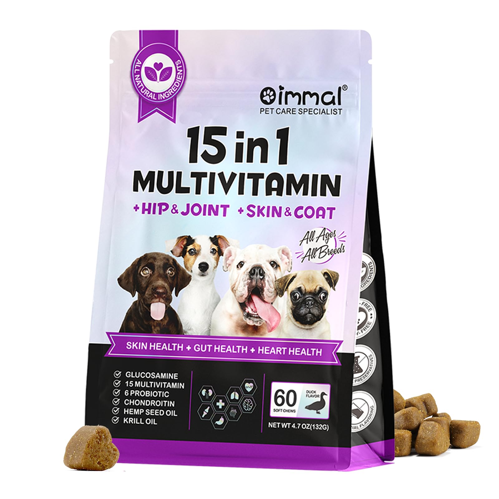 15 in 1 Dog Multivitamin Chewable, Dog Multivitamin Chews for Hip and Joint, Skin Coat, Gut Health, Immune System, 60 Chews with Duck Flavour for Small, Medium and Large Dogs (60)