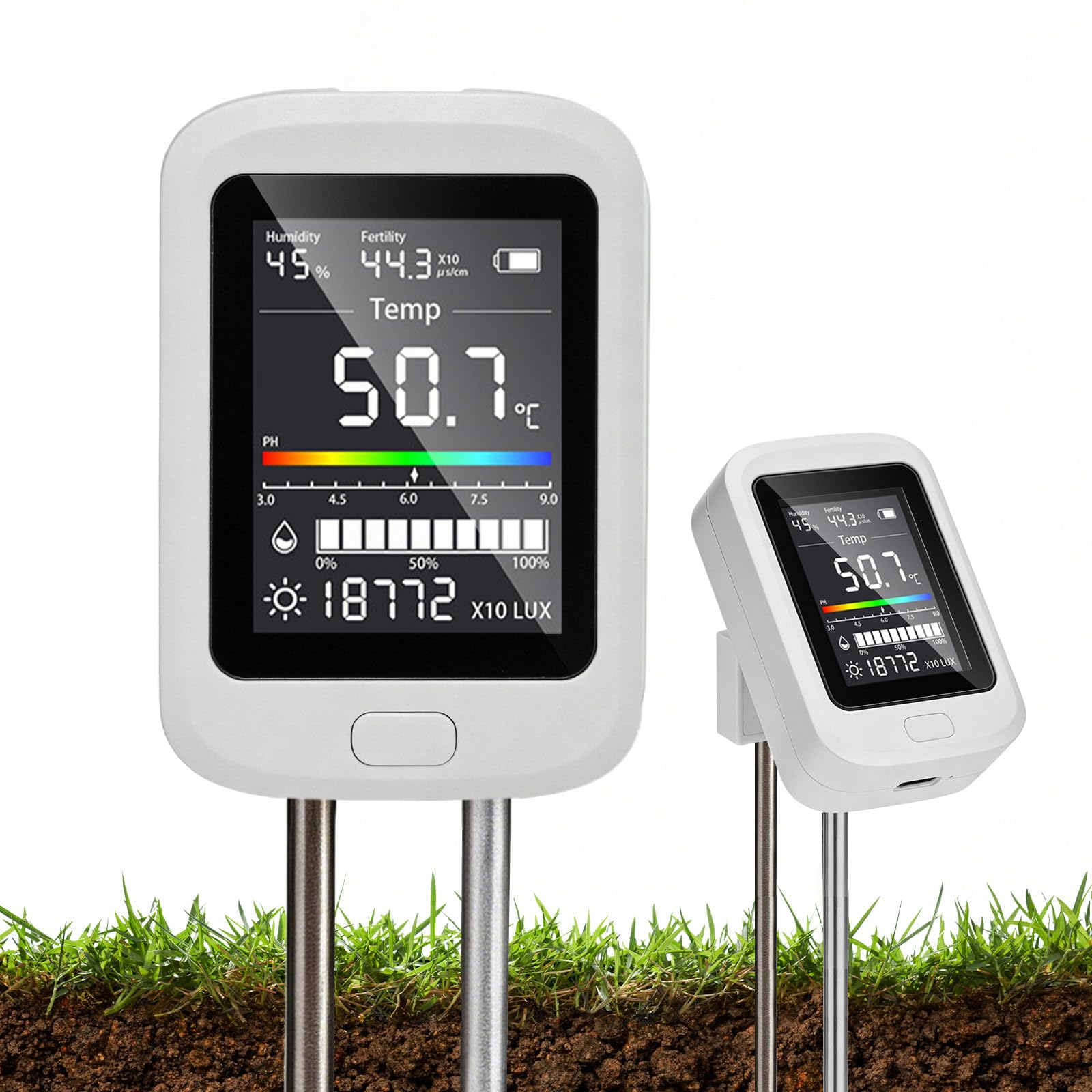 6-en-1 mesureur de sol avec Type-C, mesureur d’humidité pour plantes, capteur d’humidité du sol, mesureur de pH du sol, hygromètre pour plantes et testeur de sol pour pelouse, jardin et plantes en pot