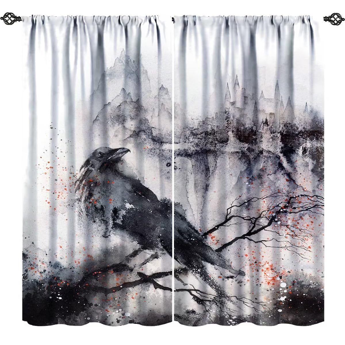 Black Raven Curtains, Halloween Misty Forest Gothic Crow Castle Watercolor Pattern Window Treatments Curtain for Living Room Bedroom Kitchen Bathroom Decor W42xL45in