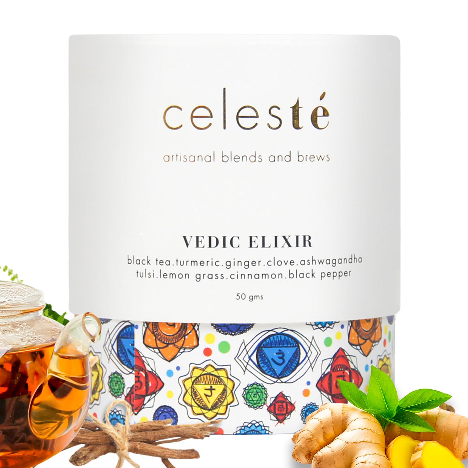 CelesTe Vedic Elixir - Turmeric Tea Loose Leaf - Premium Blend with Cinnamon, Black Pepper, Lemon Grass, Tulsi, Clove and Ashwagandha | 100% Natural Loose Leaf Black Tea (50 gm) (25 Cups)