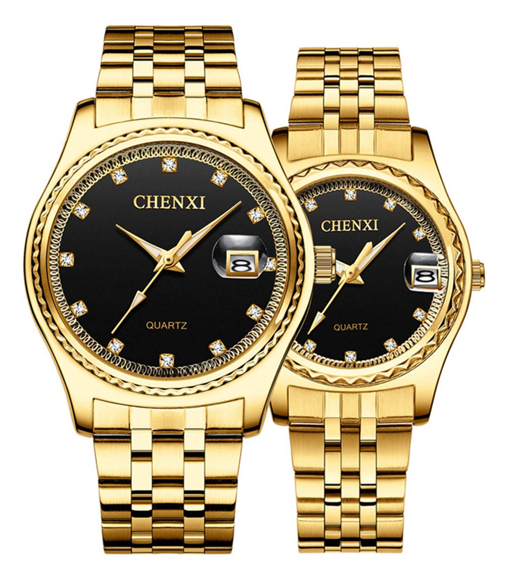 Reloj de Pulsera para Pareja, Reloj de Pulsera Dorado, para Hombres y Mujeres, Acero Inoxidable, Resistente al Agua, Reloj de Cuarzo, Set de Regalo
