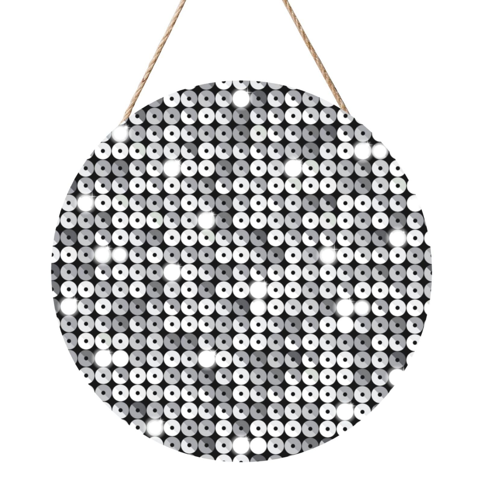 InOmak Silver Sequin Sparkle Pattern, Round Wood Panel Painting 12 in, Wall Hanging Painting For Home