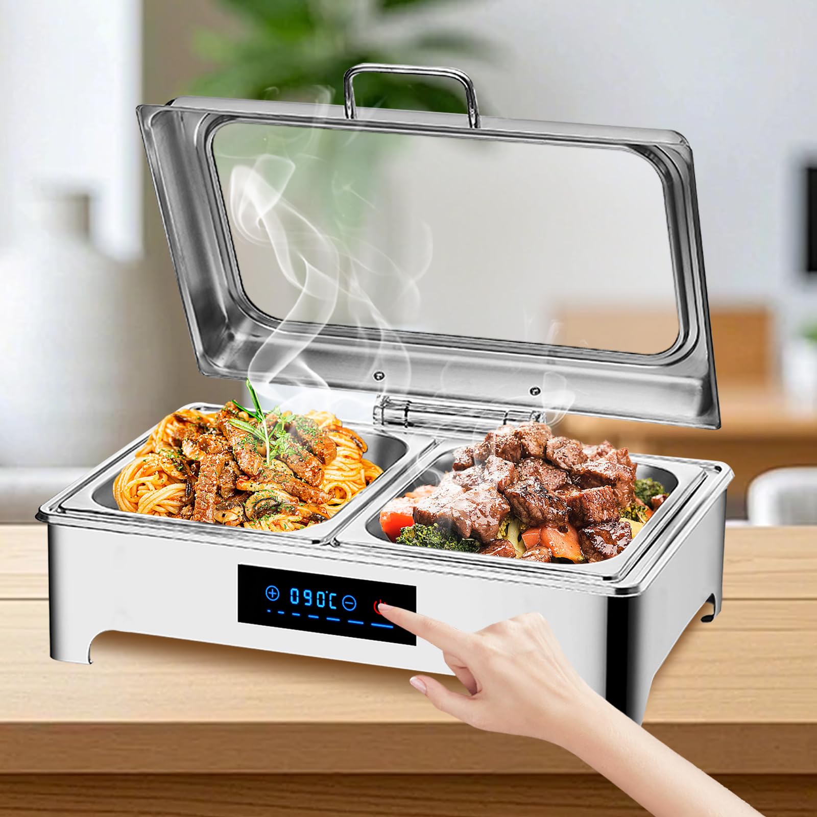 9L Chafing Dish Electrico para Buffet con Toque Inteligente (1/2) | Calentador de Buffet Electrico , Calentador de Comida de Acero Inoxidable con Tapa de Cristal, Temperatura Ajustable 30-90℃
