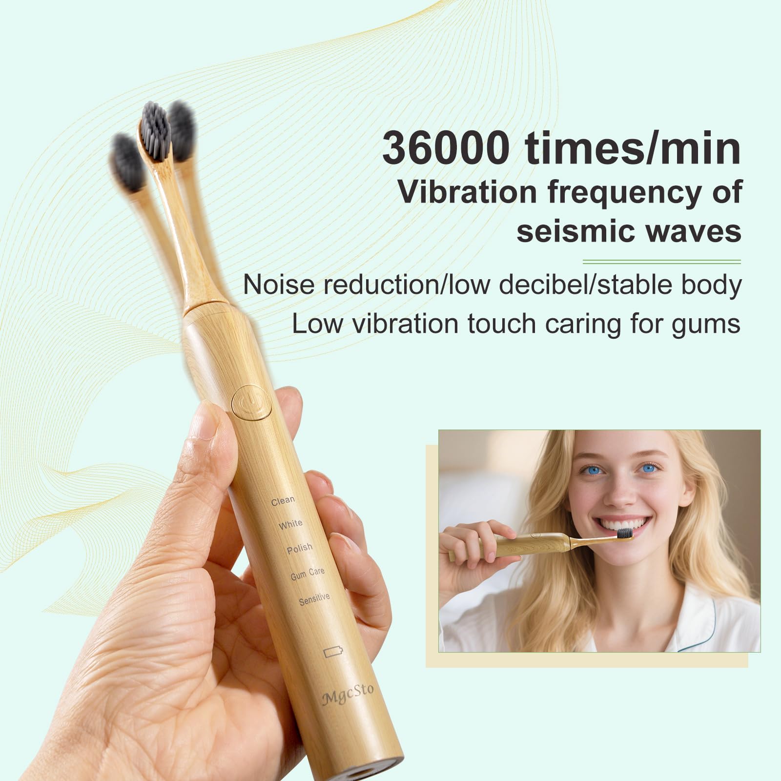 Sonic Bamboo Spazzolino Elettrico per Adulti | Confezione da 4 testine di ricambio in bambù, 5 modalità di pulizia, batteria a lunga durata
