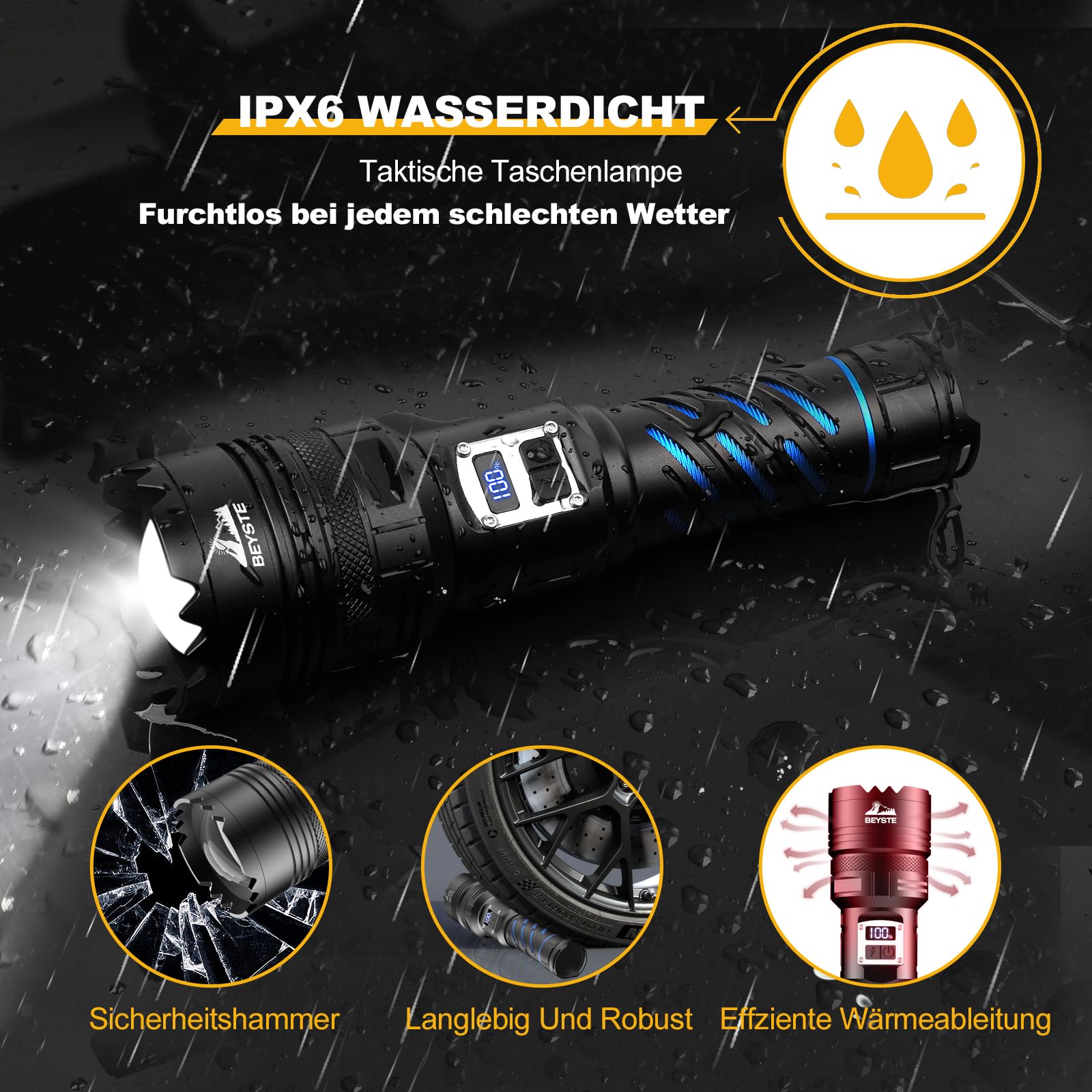 Lampe Torche LED Ultra Puissante 1000000 Lumens, Grande Torche, Zoom | USB-C Rechargeable, 2 Interrupteurs, 5 Modes, Écran LCD, Haute Luminosité, Imperméable, pour Camping, Urgences, Extérieur