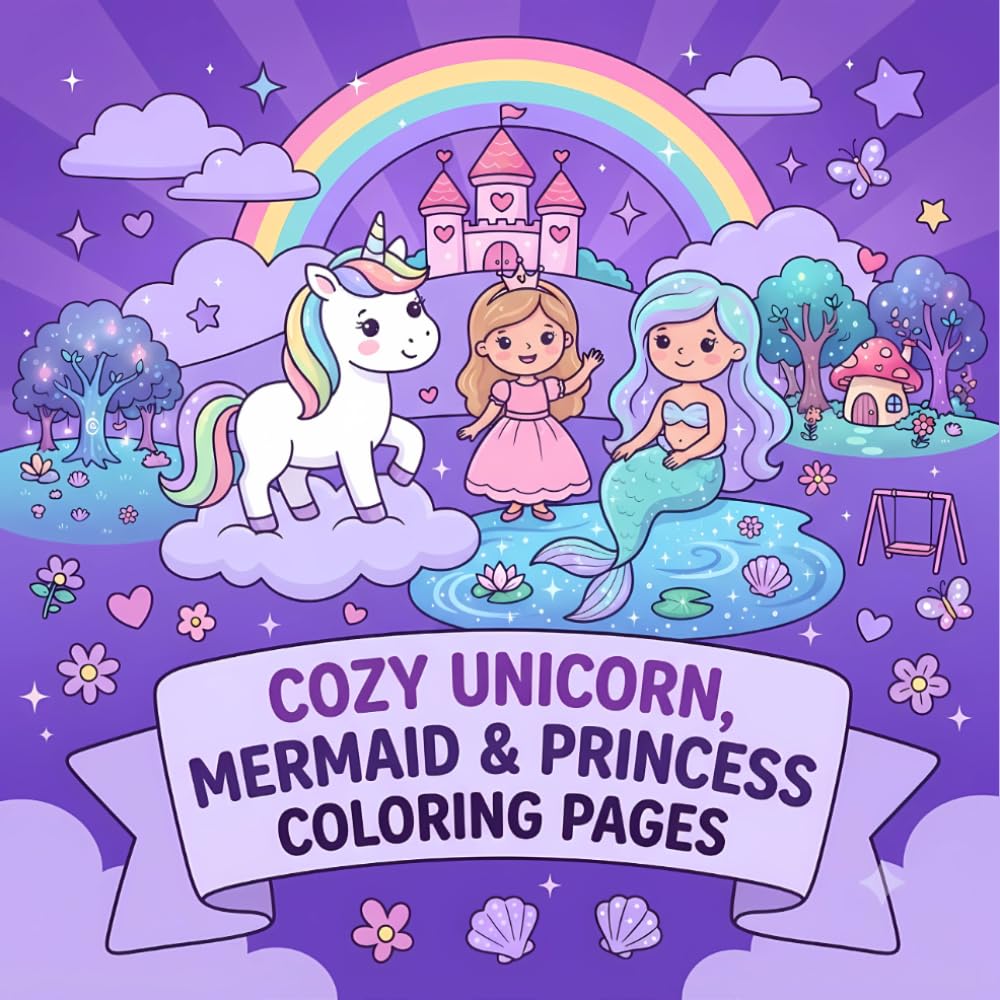 Cozy Unicorn, Mermaid and Princess Coloring Pages: Coloring Book for Kids Ages 4-8 | Cute Unicorn, Cozy Mermaid | 8.5x8.5 inches, 104 Pages | Magical Palace