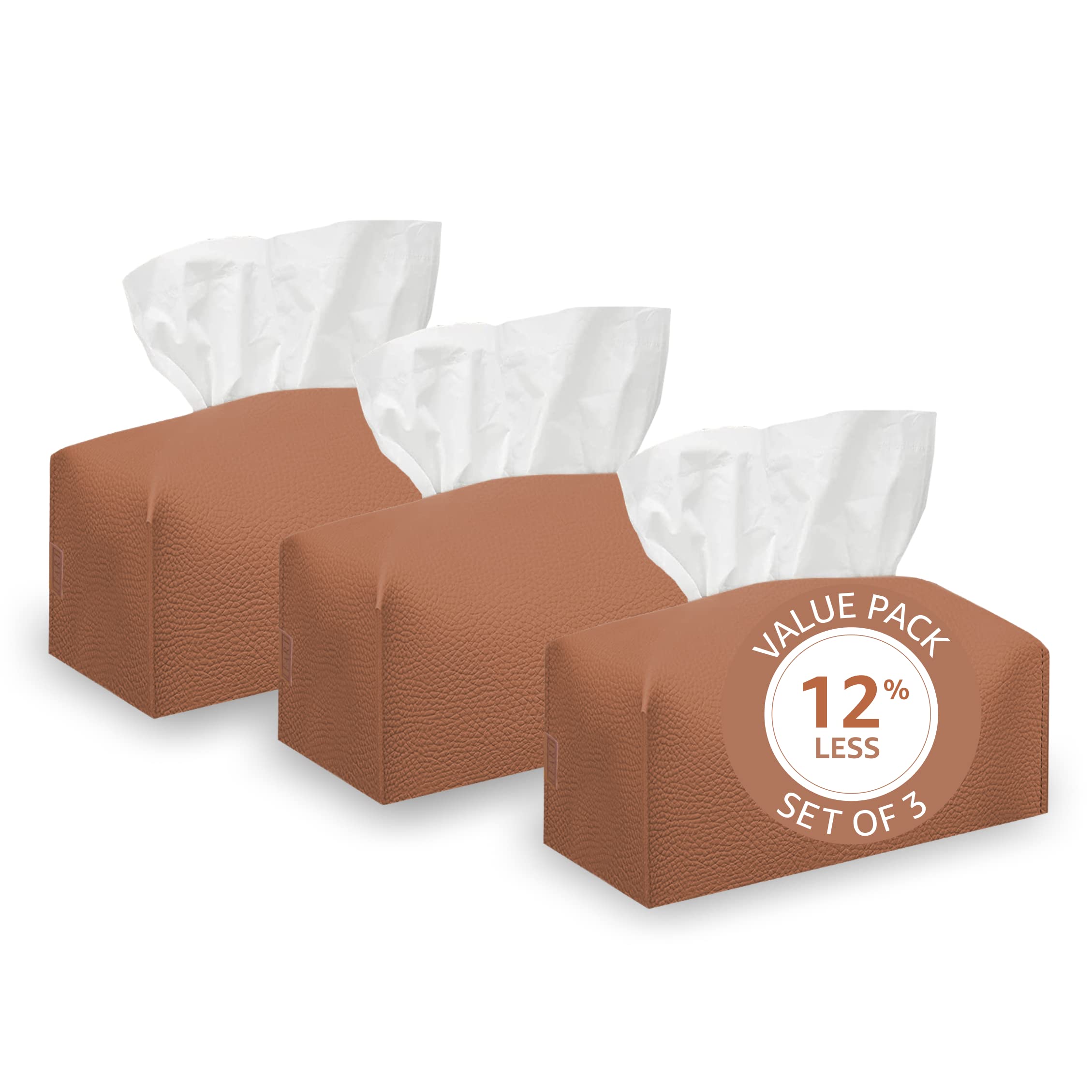 LEART Leather Tissue Box Cover Holder – Home Decorations for Living Room, Bedroom and Office, Tissue Box Cover for Car (Caramel (Pack of 3))