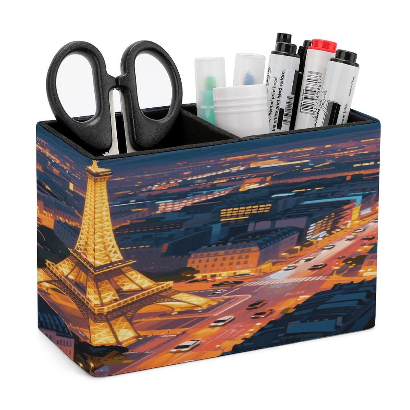 VstaDank Eiffel Tower Pencil Holder for Desk Organizer 2 Compartments Pen Cup Leather Square Pen Holder Pencil Cup Stand Makeup Brush Holders for Desktop Organizer Storage Case