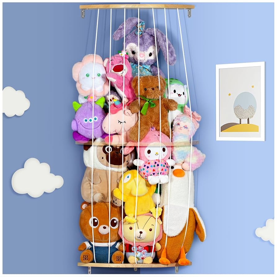 DoubleCare Kuscheltier Aufbewahrung - Plüschtier Netz Mit Holzbrettern