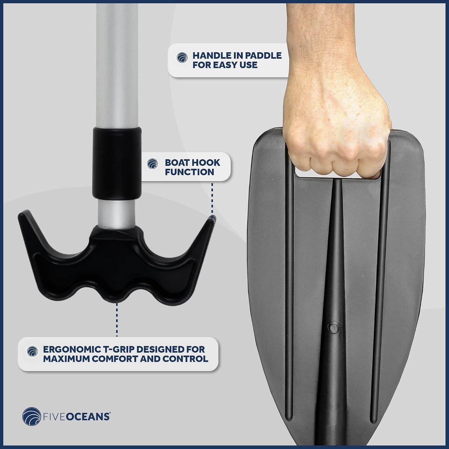 Five Oceans Canoe Paddle, Telescoping Canoe Paddles and Boat Hook, Black, Extend from 45" to 72", Anodized Aluminum Shaft, Reinforced ABS Plastic Blade & Hook, Lightweight - FO1885