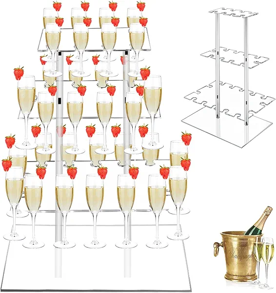 Champagne Tower Champagne Stand, Cocktail Tree Stand for Drinks Tower, 3 Tier 32 Brackets Acrylic Wine Glass Display Holder, Party Bar Wedding Champagne Tree Stand for Martini Margarita Gin Wine