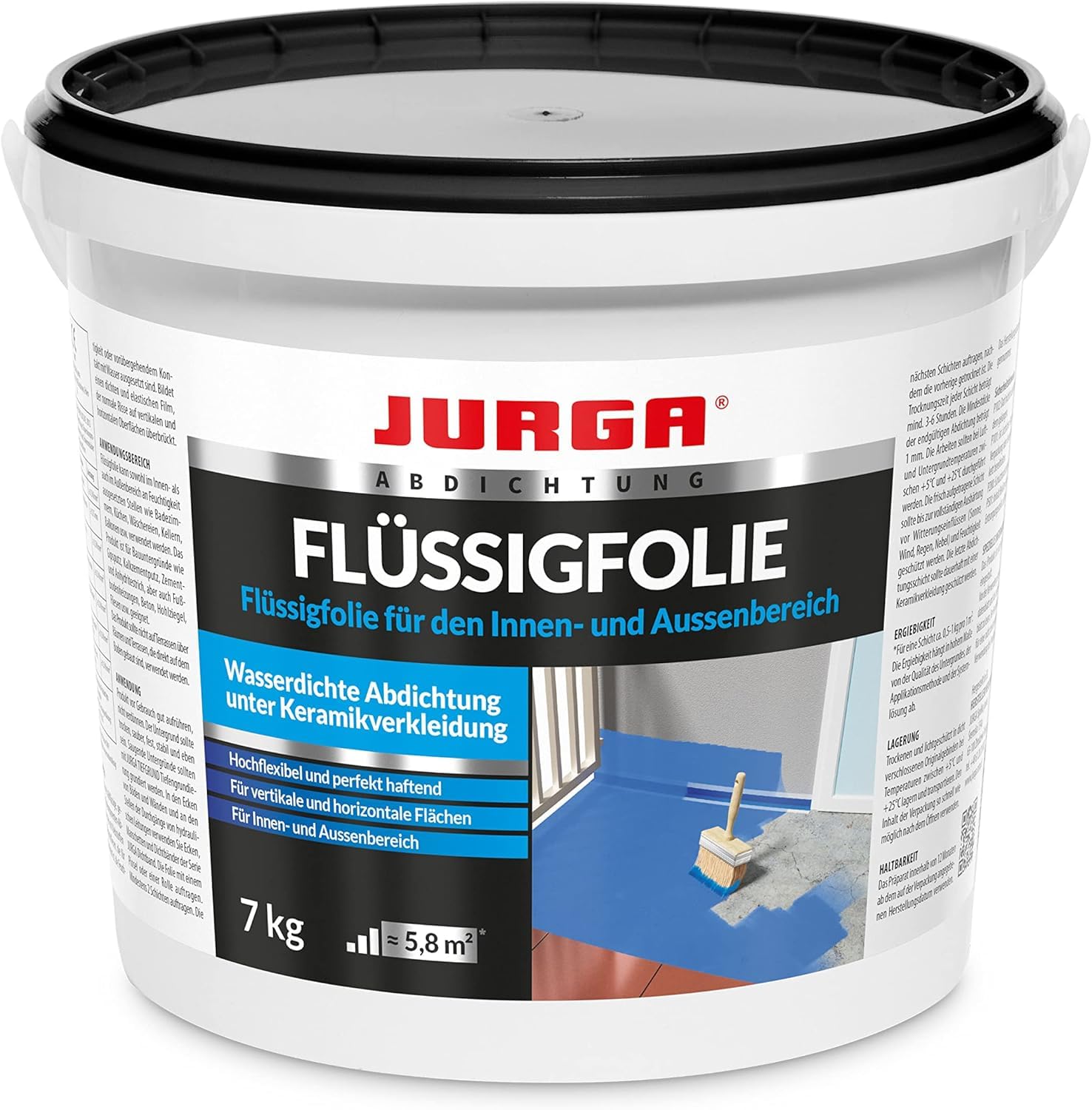 JURGA Flüssigfolie Blau 7KG ≈5,8m² für Bad & Dusche - Dichtfolie für Außenbereich & Innen, Abdichtung Badezimmer, Lösemittelfrei
