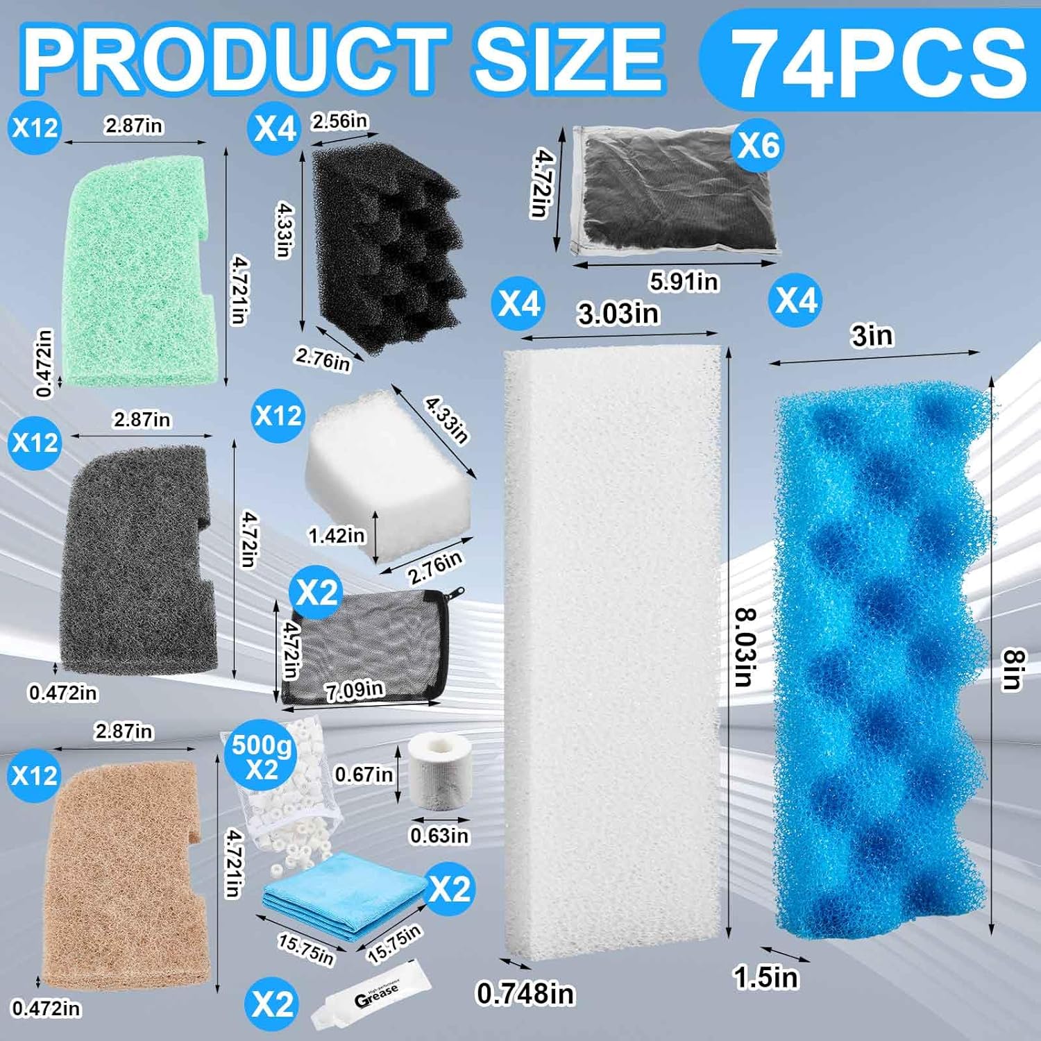 74 Pcs Filter Media Compatible with Fluval 306/307, Aquarium Replacement Media Kit, Foam, Activated Carbon, Nitrite/Phosphate/Ammonia Remover, Towel, Grease, Mesh Bags