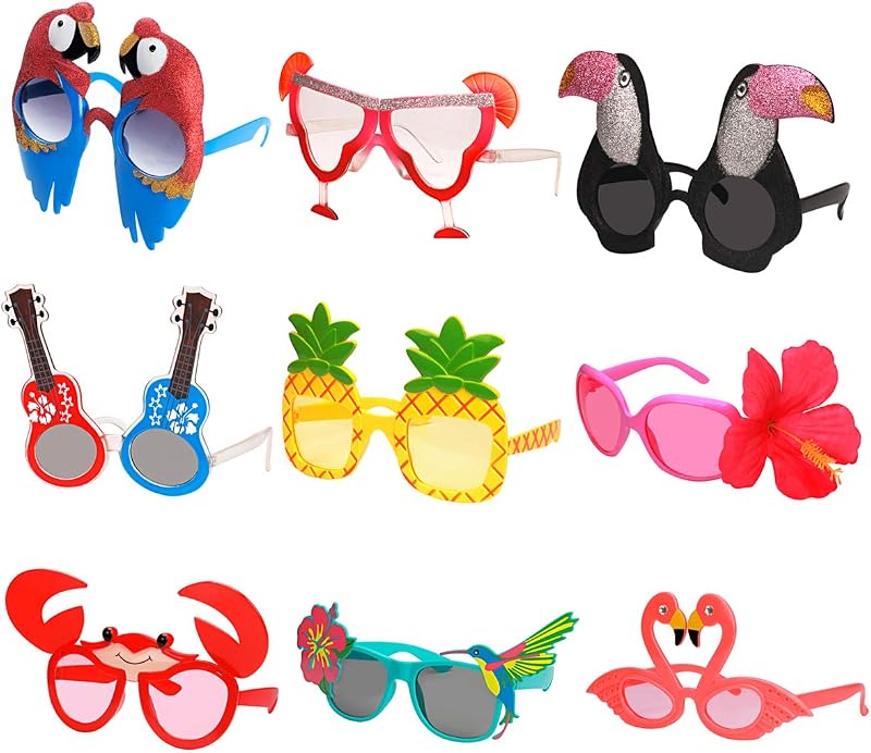 Ocean Line Luau Party lentes de sol – 9 pares de divertidas lentes hawaianas, accesorios de disfraces tropicales, divertidos recuerdos de fiesta de verano para niños, decoración de suministros para fiestas temáticas de playa